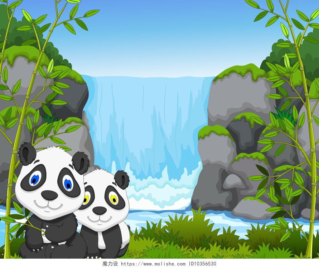 卡通熊猫瀑布背景插图可爱的卡通熊猫瀑布背景